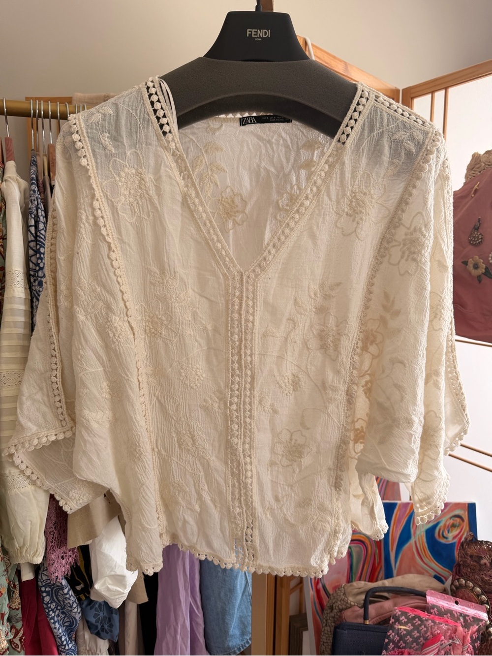 21. Zara White Embroidered Cotton Boho Peasant Blouse Dolman Sleeve Size S